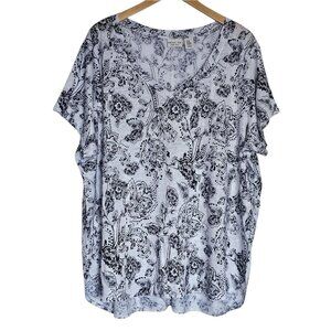 Rachel Zoe 100% Linen Top Size 2X Floral White Black Short Sleeve Lightweight